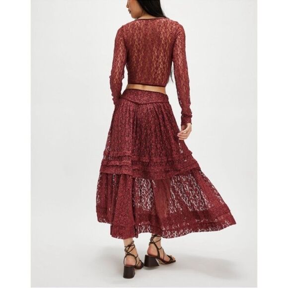Free People Arcana Lace Top & Skirt Set in Marsala Combo - Picture 7 of 10